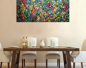 Napa Valley Vineyard Painting 48x24, Colorful Grapes Wall Art, Large Textured Wine Country Canvas, Original Impressionist