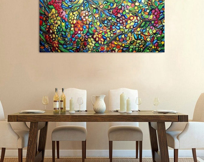 Napa Valley Vineyard Painting 48x24, Colorful Grapes Wall Art, Large Textured Wine Country Canvas, Original Impressionist