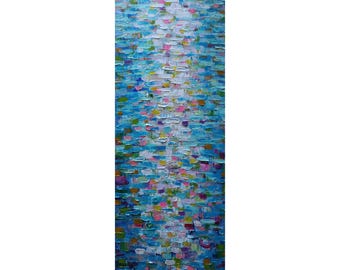 Summer Lake Reflections Abstract Painting 12x36 Vertical Coastal Wall Art