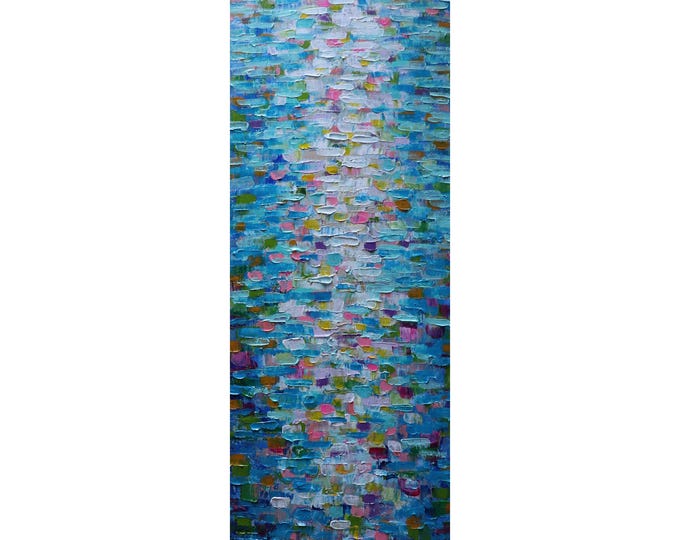 Summer Lake Reflections Abstract Painting 12x36 Vertical Coastal Wall Art