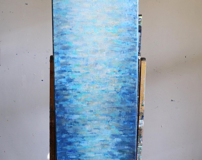 Calming Blue Abstract Painting, Tall Vertical Coastal Wall Art