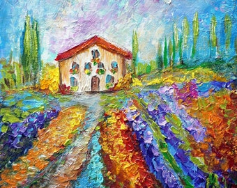 Colorful impasto oil painting of Italy spring landscape with house, lavender fields, poppies