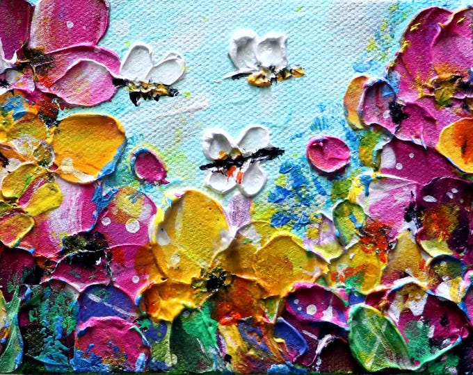 Wild Flowers with Bees and Butterflies – Original Oil Painting, Modern Abstract Impasto Art by Luiza Vizoli, Ready to Hang 4"x6"