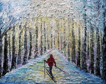 handmade textured painting, original home decor, winter season, Skiing in the Park, gift for home