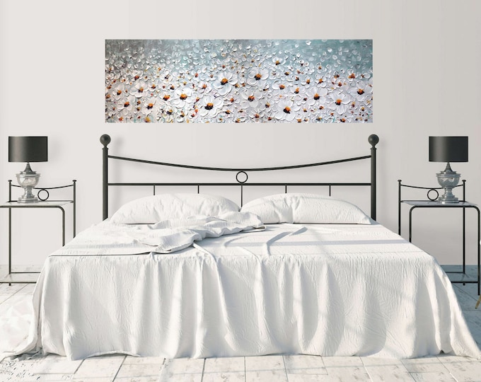 Daisy Flower Painting Original Narrow Canvas, White Gray Impasto Floral Art