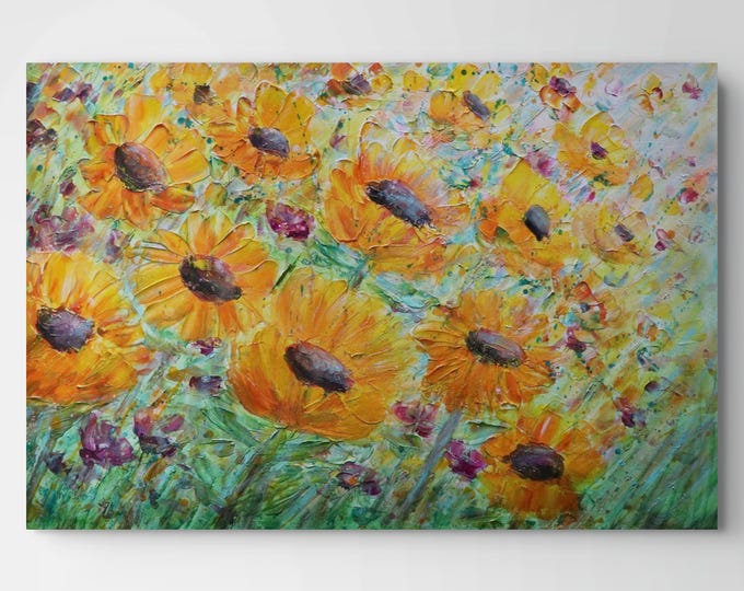 Original Yellow Wildflower Painting 36x24, Golden Meadow Symphony, Textured Floral Wall Art