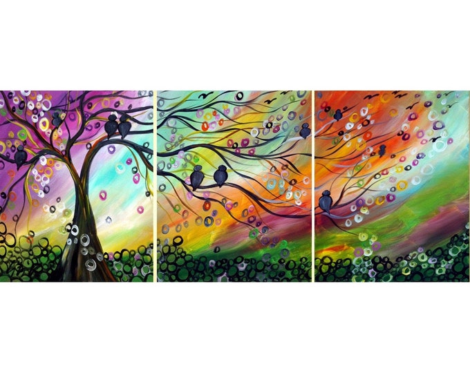 SPRING Birds and Music Original Modern Abstract  Fantasy Whimsical Landscape Painting Triptych Artwork by Luiza Vizoli