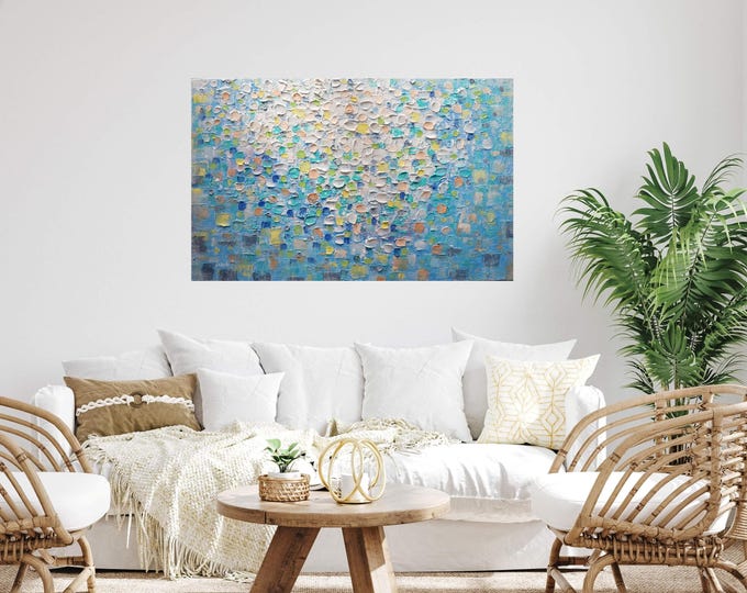 Textured Abstract Painting, Misty Coastal Water Art, Large Statement Piece