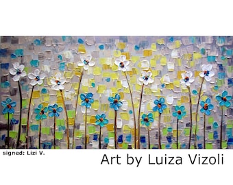 Large Original Oil Painting Contemporary Modern Flowers Art Palette Knife Impasto DAISY Floral by Luiza Vizoli, signed Lizi V on the front