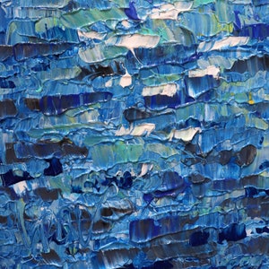 May include: Abstract painting with thick, textured brushstrokes in shades of blue, green, white, and black. The painting has a layered, dimensional effect.