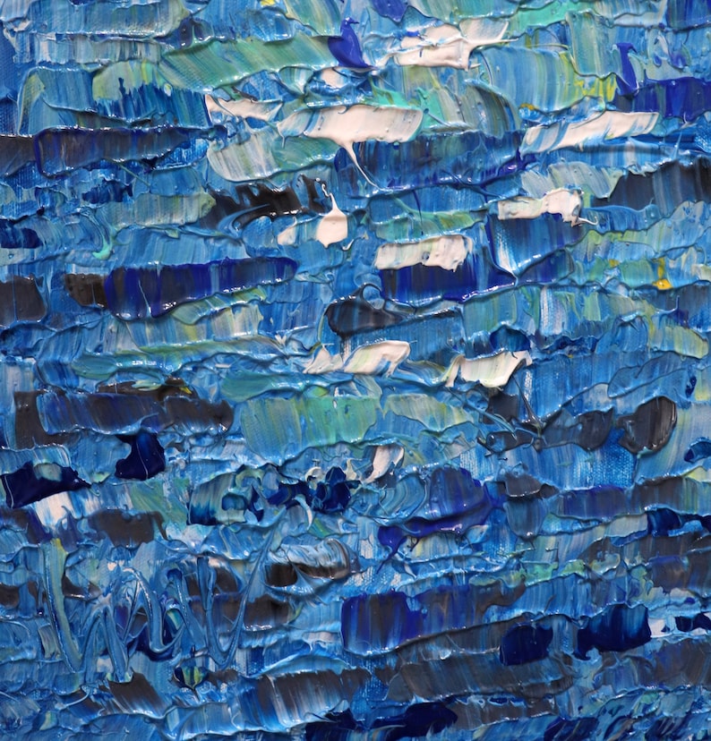 May include: Abstract painting with thick, textured brushstrokes in shades of blue, green, white, and black. The painting has a layered, dimensional effect.