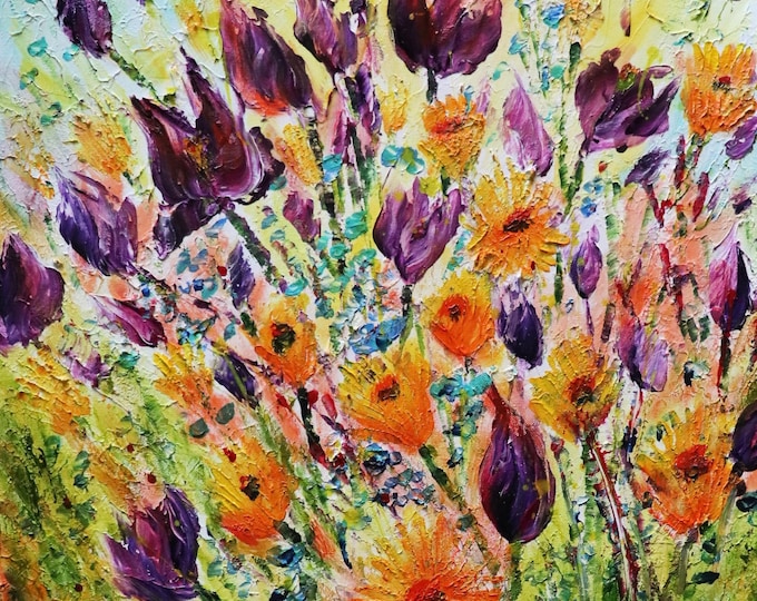 Purple Tulips Orange Wildflowers, Original Impasto Oil Painting , 20x20 canvas