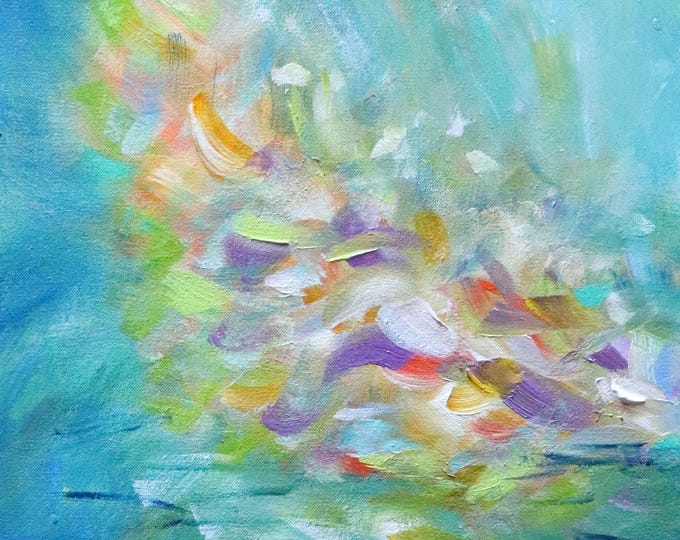 Abstract Acrylic Painting, 16x20 Original Artwork, Soft Turquoise Blue Lavender Yellow Pink