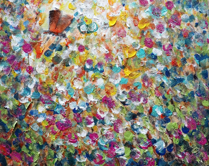 Magical Butterfly Original Painting, Colorful Abstract Flowers Canvas, Joyful Wall Art