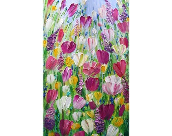 May Flowering Tulip Flowers Blooming Original Impasto Oil Painting Vertical Canvas pink, purple, yellow, blue, white