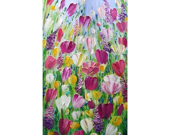 Tulip Impasto Oil Painting: Spring Floral Art on Canvas (18x36)