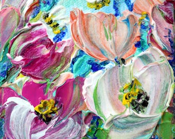 Apple Blossom Bees Mini Painting 4x4 – Original Oil Acrylic Botanical Art, Small Floral Wall Decor, Gift for Garden Lovers