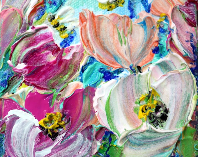 Apple Blossom Bees Mini Painting 4x4 – Original Oil Acrylic Botanical Art, Small Floral Wall Decor, Gift for Garden Lovers