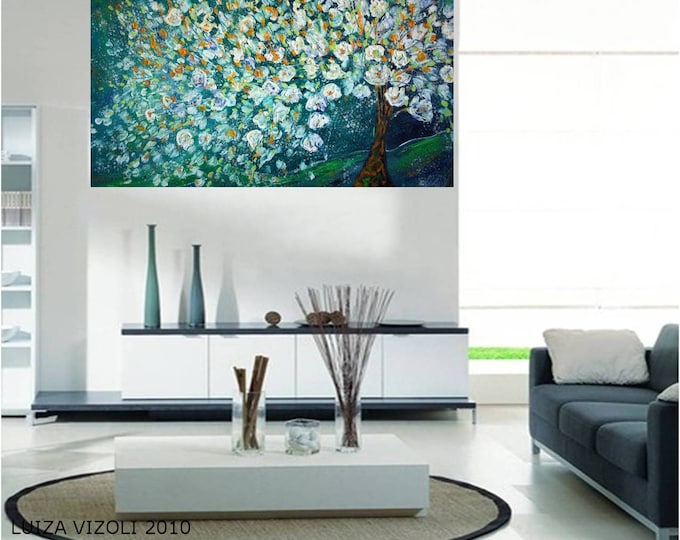 White Blossom Sweet Fragrance Original Modern Abstract Palette Knife Oil Painting FLOWERING TREE at NIGHT  by Luiza Vizoli