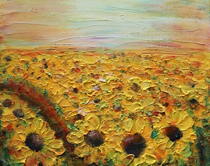 Sunflowers Path Original Painting, Impressionism Colorful Artwork, Floral Landscape Wall Decor