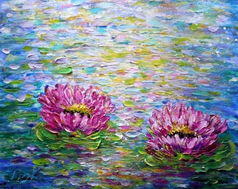 Water Lily Artwork, Lotus Flower Art, Impressionism Oil Painting, Lilies Pond Impasto Contemporary Canvas