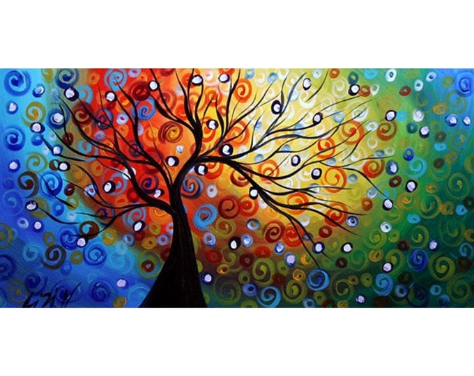 SEASONS  Original Modern Abstract Whimsical Fantasy Landscape Tree Painting Large Canvas by Luiza Vizoli