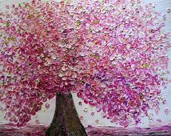 Cherry Blossom Tree Painting 36x24 Original Pink Textured Floral Wall Art