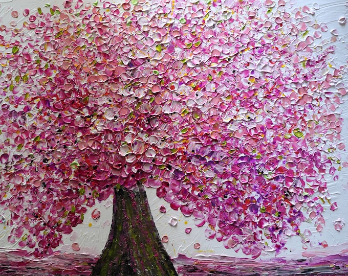 Cherry Blossom Tree Painting 36x24 Original Pink Textured Floral Wall Art
