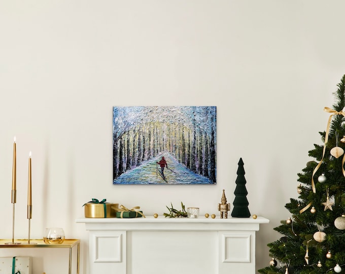 handmade textured painting, original home decor, winter season, Skiing in the Park, gift for home