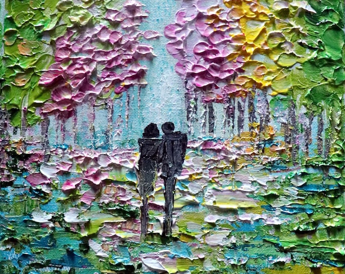 Cherry Blossom Romance Abstract Couple Painting Oil Impasto in pink, green, blue, yellow