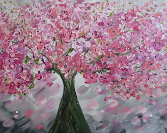 Pink Blossom Tree Painting, Large Floral Wall Art, Original 48x24 Canvas