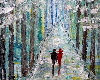 Winter Painting Original Oil on Canvas Romance Landscape Artwork on Large Canvas by Luiza Vizoli