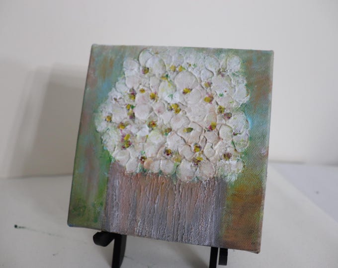 White Flower Painting, Flowers in a Pot, Original Textured Floral Art, 6x6