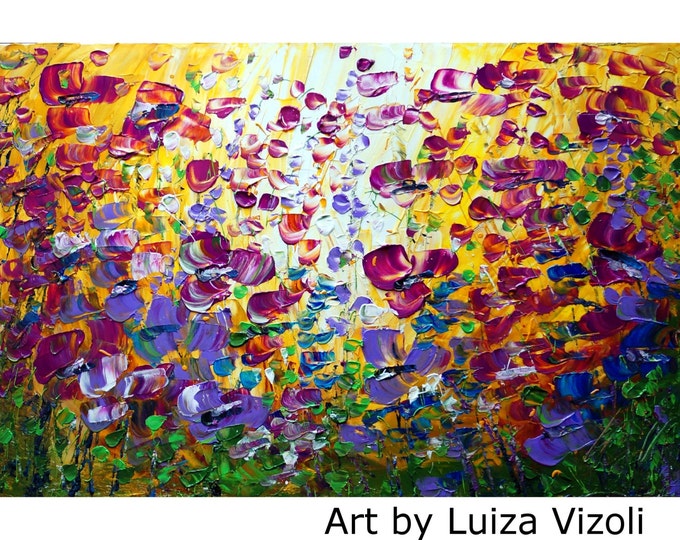 PURPLE FLOWERS Original Painting on Large Canvas YELLOW Violet Flowers Field canvas ready to hang