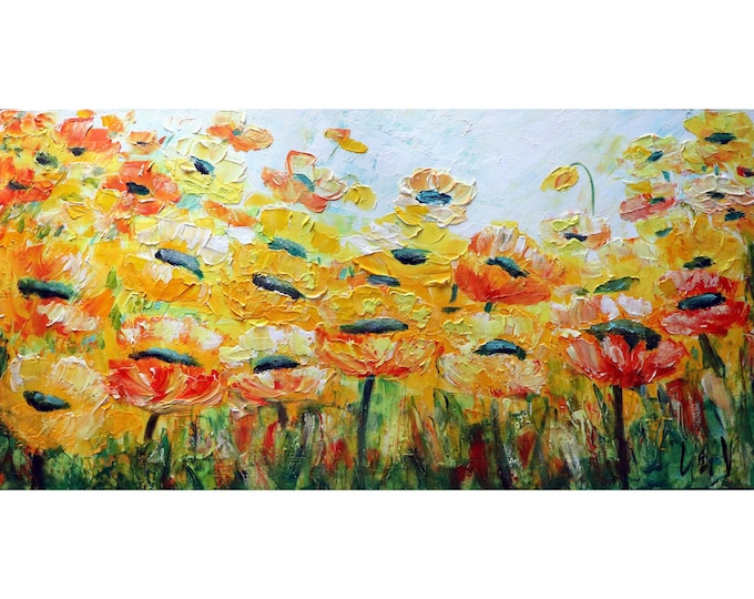 Original Artwork Poppies White Yellow Orange Green Impasto Textured Large Art DELICATE FLOWERS