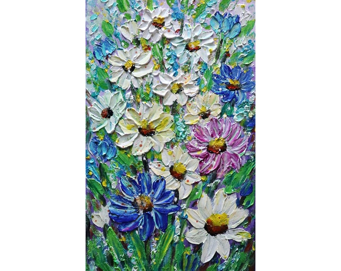 Daisy Lily of the Valley Forget-Me-Not Flowers  Wildflowers Original Painting Vertical Canvas  Art by Luiza Vizoli