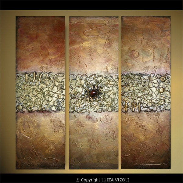 Holiday Sale GOLDEN TREASURY Original Textured Collage Painting with BROWN AGATE Gemstone Set of 3 Canvases