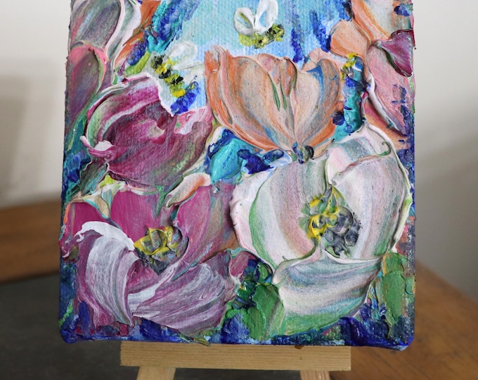 Original Floral Painting 4x4 Acrylic on Canvas Flowers Bees Colorful Mini Art