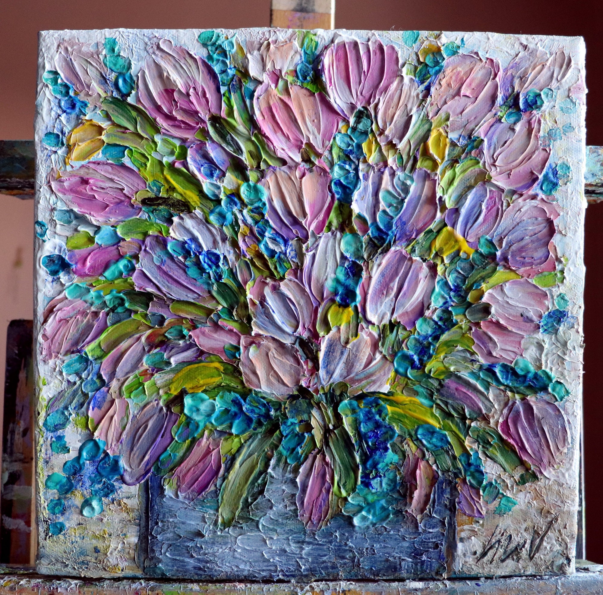 Pink TULIPS Flowers Bouquet in a Vase Original Oil Painting Impasto ...