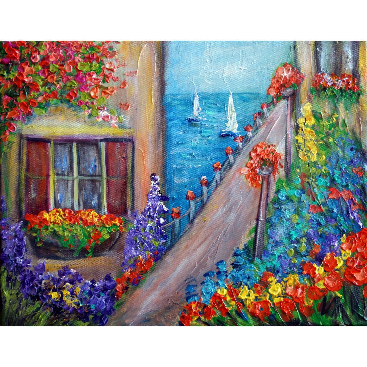 Italy Water Flowers Old Buildings Original Impasto Oil Painting On Canvas Textured Artwork On Canvas By Luiza Vizoli