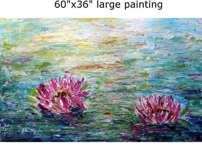 Extra LARGE Painting 60x36 Abstract Water Lilies Original Textured Art by Luiza Vizoli