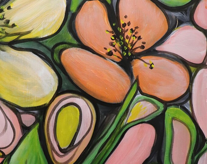 Original Oil Painting on Canvas: 16x20 Peach Blossom Rhythm Floral Art