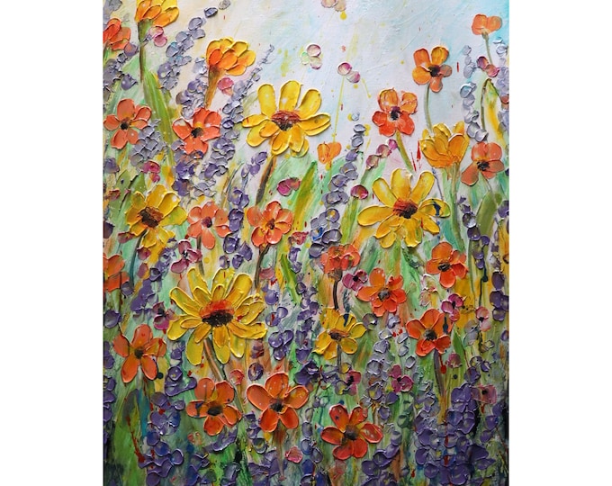 Wild Lavender Purple Flowers Yellow Orange Flowers Field in BLOOM Summer in Provence Large Original Painting