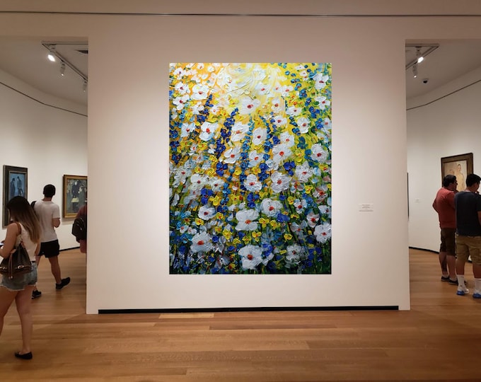 Meadow Flowers Extra Large Painting Yellow Blue White Green Floral Modern Artwork on Canvas