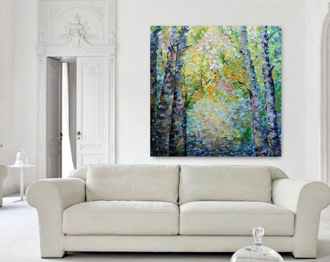 Birch Trees in Spring Painting by Luiza Vizoli Impasto Large Landscape Colorful Artwork