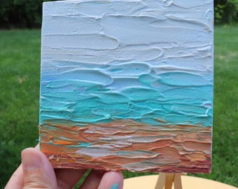 Original Coastal Abstract Painting, Small Textured Ocean Art