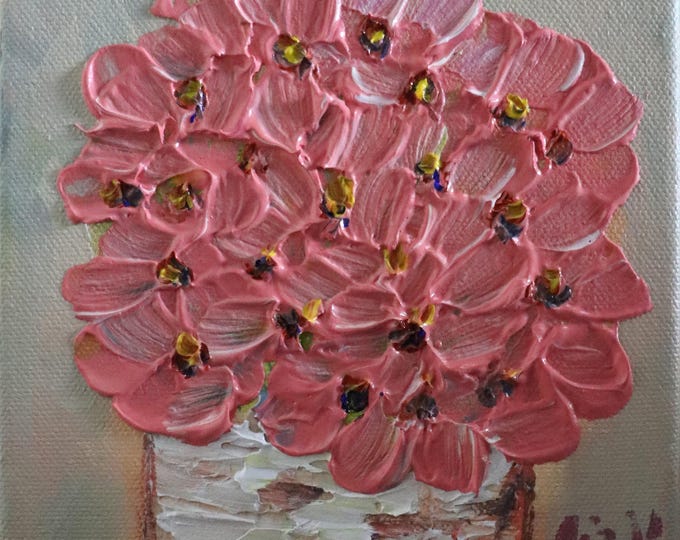 Original Pink Floral Painting, 6x6 Oil on Canvas, Textured Flowers Bouquet