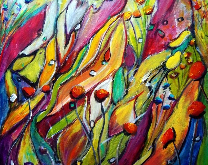 Whimsical Garden Original Painting – Large Floral Tropical Wall Art with Birds – 30x30 Canvas by Luiza Vizoli – Ready to Hang
