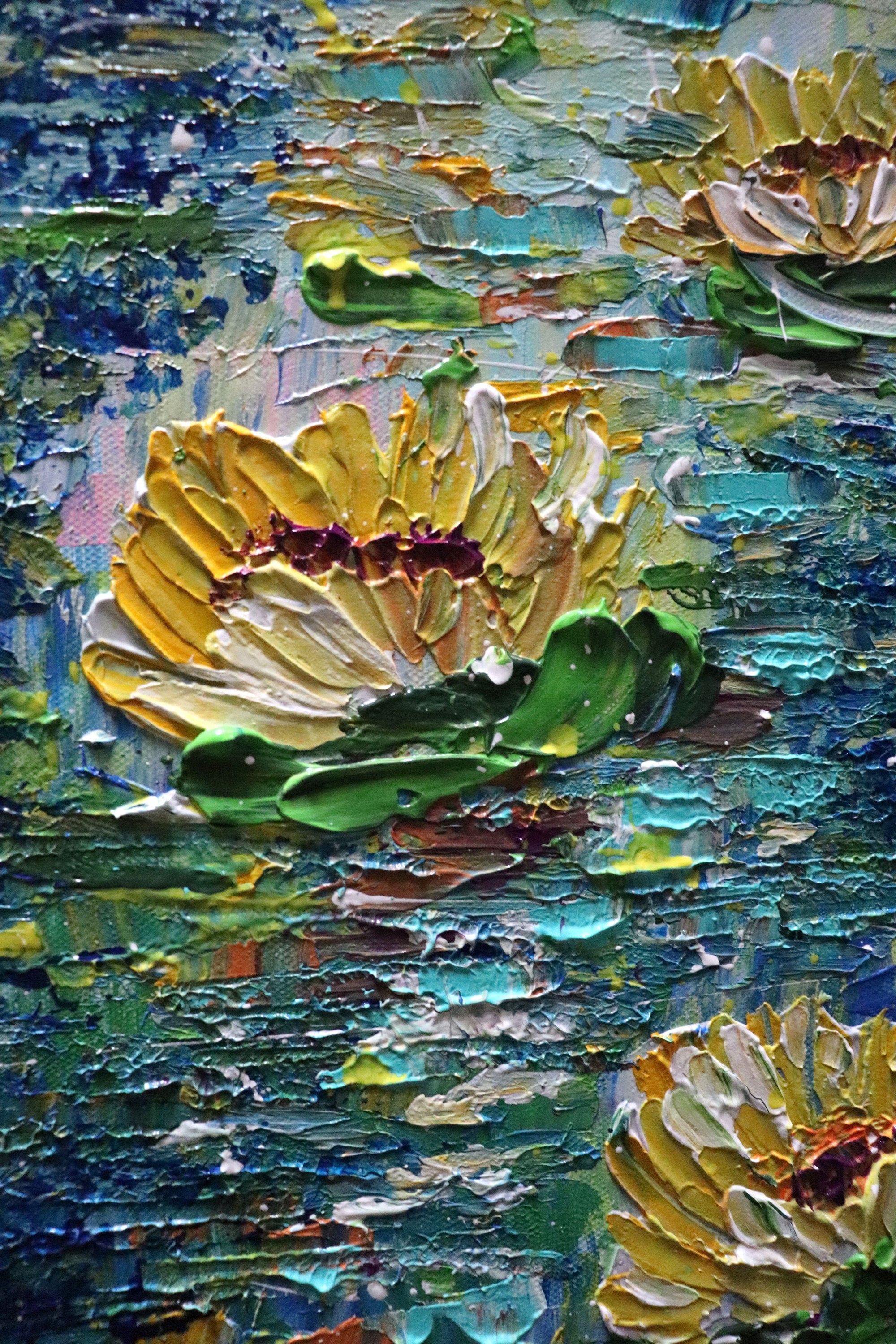 Original Canvas Painting, Large Wall Art 40x40cms, Vibrant Water Lilies,  Acrylic Textured With Palette Knife on Canvas Board, Unframed, 