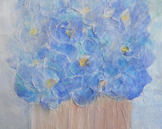 Blue Flower Painting, Flowers in a Pot, Original Textured Floral Art, 6x6